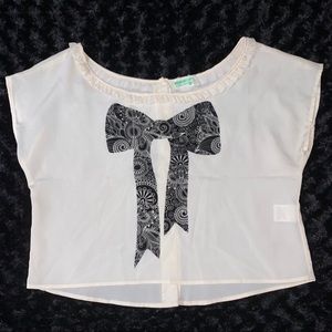 Beige Black Velvet Floral Pattern Bow Blouse